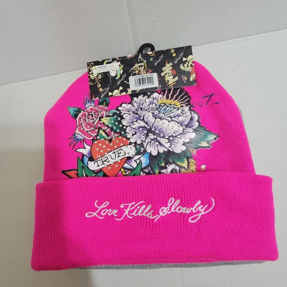 Ed Hardy‎ 2-Pk Knit Beanie Hat Skull Love Kills Tiger Y2K One Sz Embroidered NWT